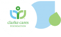 clarke cares logo on water shaped droplets