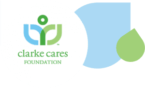 clarke cares logo on water shaped droplets