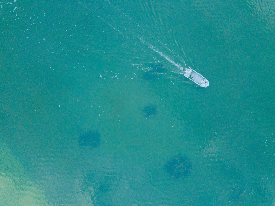 boat gliding across blue lake
