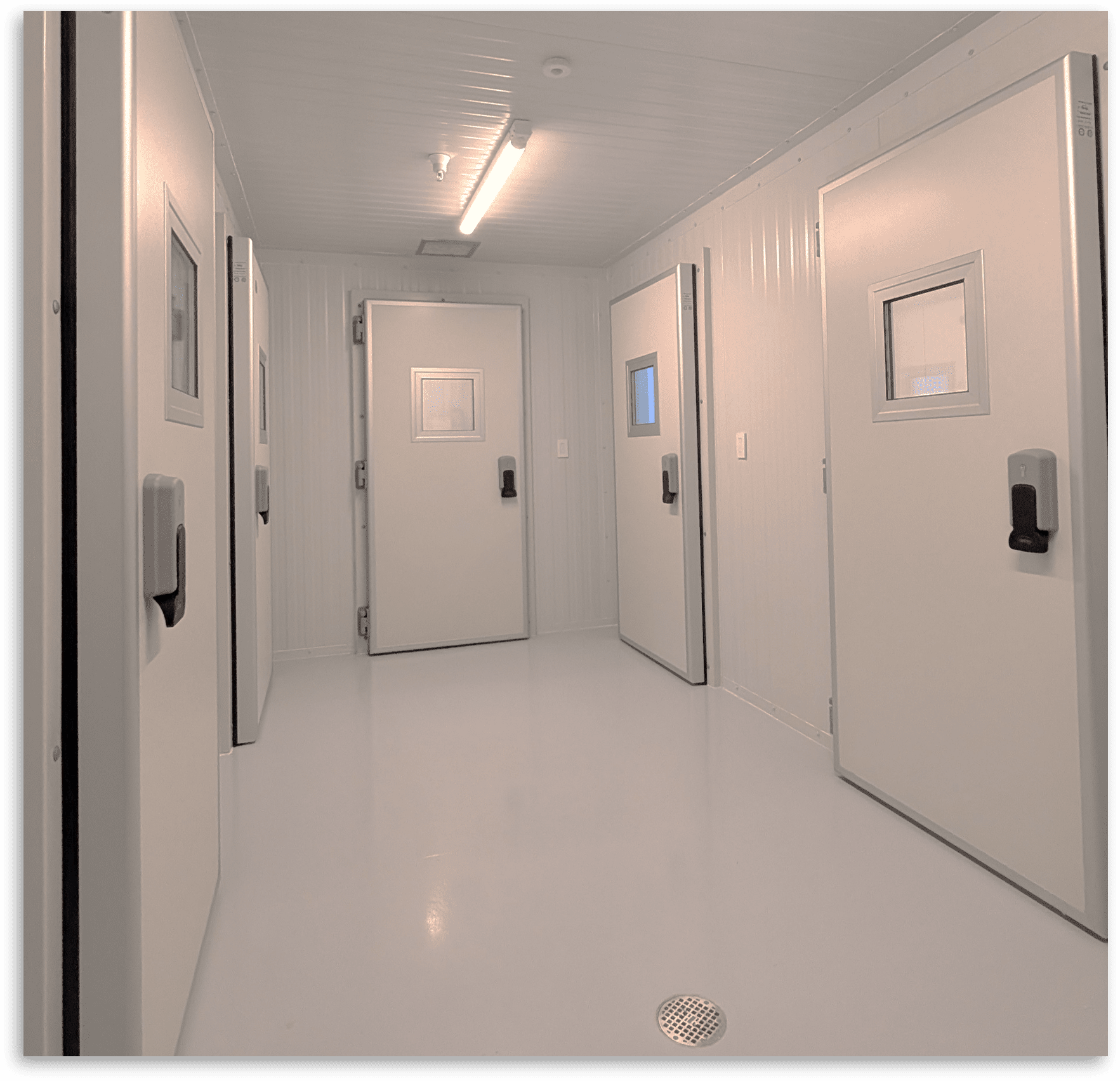 Interior of mosquito control insectary with controlled access chambers and research rooms